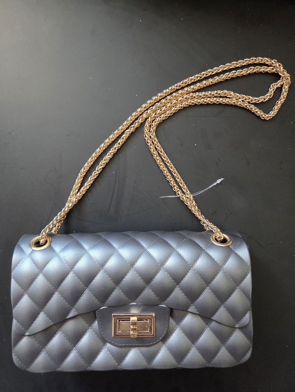 Silver Grey Quilted Rubberized PVC Jelly Crossbody Bag Gold Chain Purse